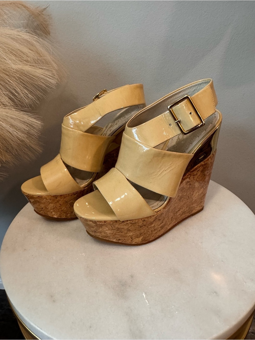 Alice + Olivia Yellow Patent Cork Platform Wedge Sandals
